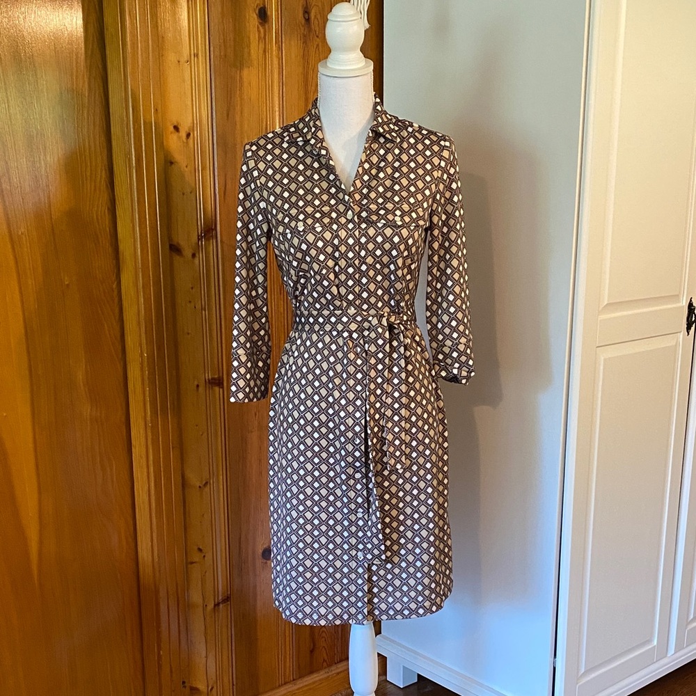 Elegant Brown Patterned Button Up Dress